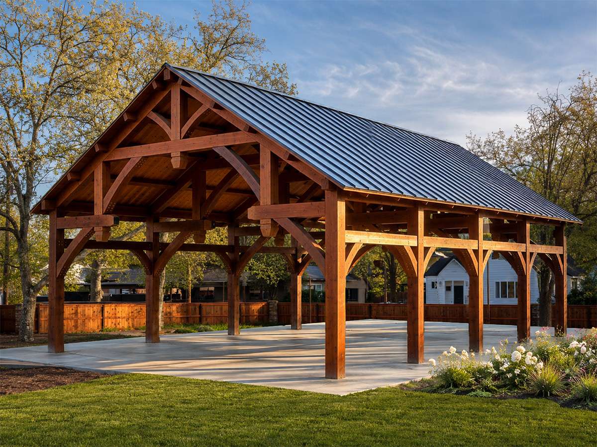 Large freestanding timber frame California redwood pavilion with exposed timber trusses and a dark standing seam metal roof over a concrete slab