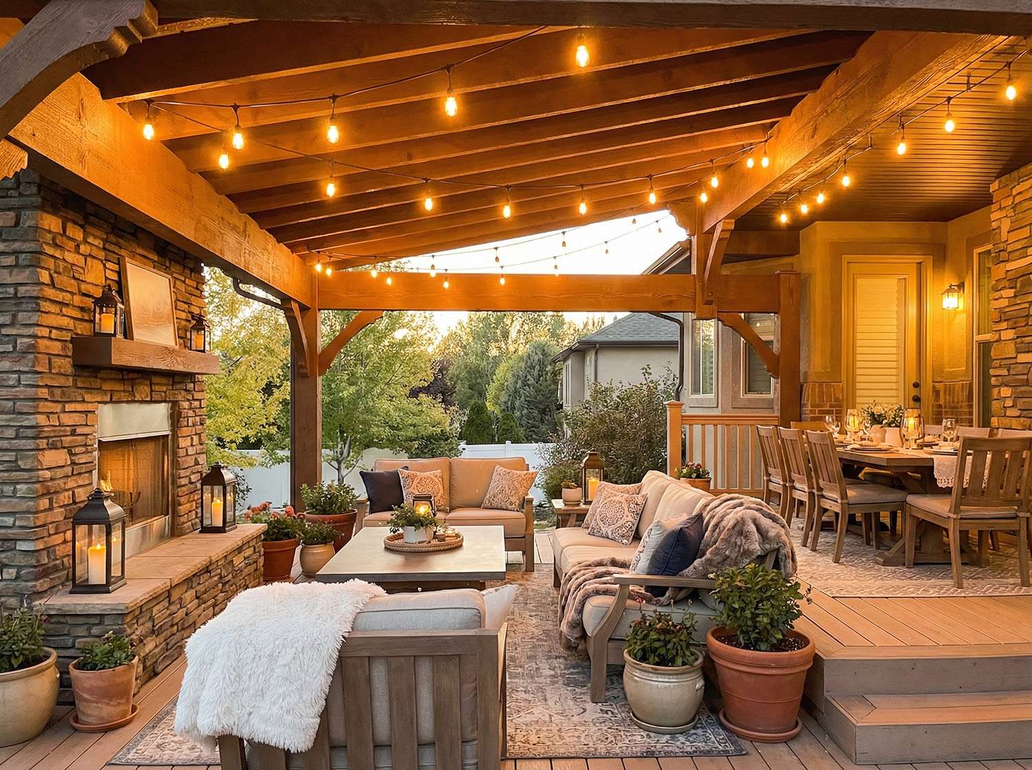 Timber frame pavilion at dusk with string lights overhead, a stone fireplace, and lounge and dining areas on a wood deck