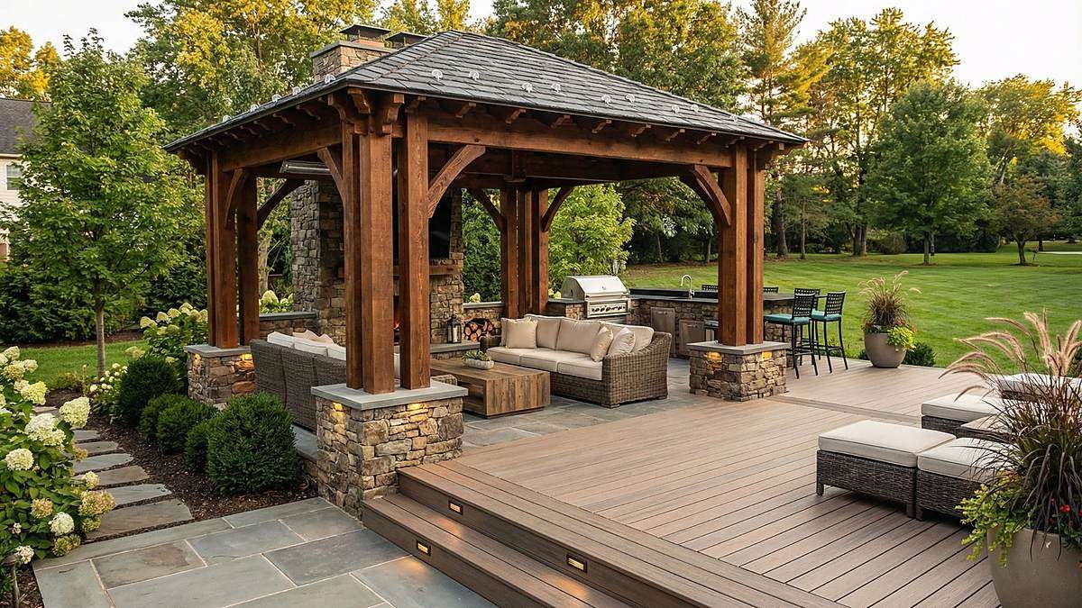 Rustic stained timber pavilion with stone column bases over a patio with a fireplace, outdoor kitchen, and deck seating