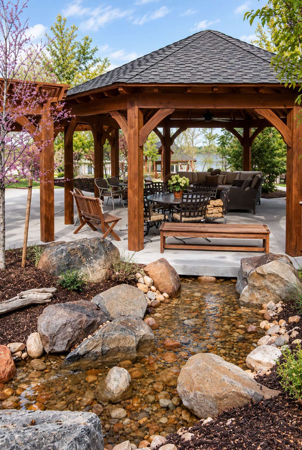 Dark-roofed timber gazebo with seating beside a landscaped rock stream, with a pergola and blossom trees behind