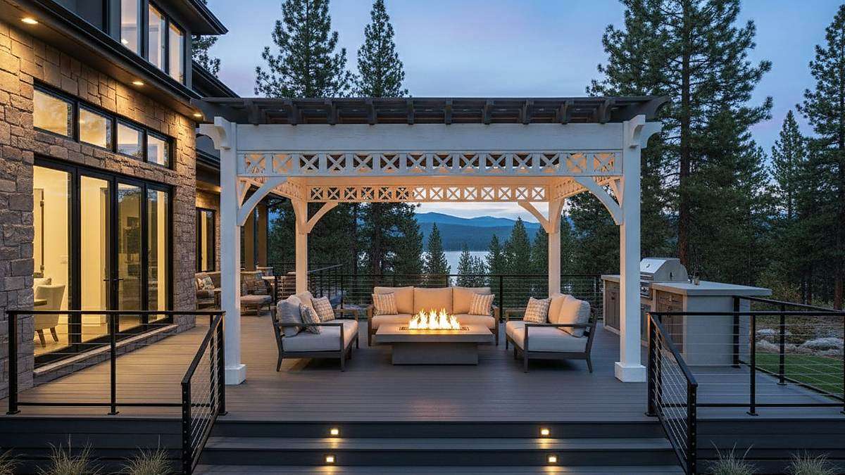 White timber pergola with decorative lattice brackets over a deck with a fire table, sofas, and a mountain lake view
