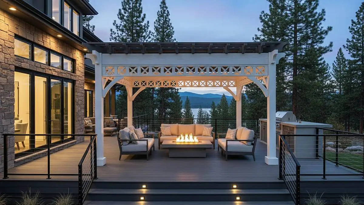 White timber pergola with decorative lattice brackets over a deck with a fire table, sofas, and a mountain lake view